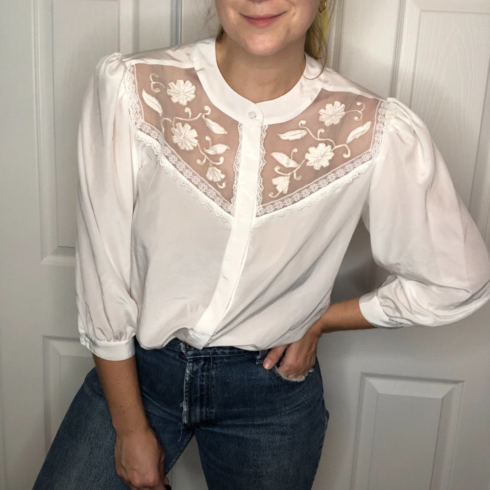 Vintage 1980's White Sheer Embroidered Button Down